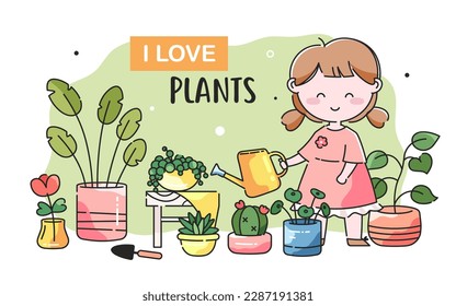 Cute young girl watering and planting indoor plants in flower pots. Vector illustration on an isolated background with the motto - I love plants. Cartoon concept illustration on the theme of plants.