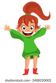 Cute young girl waving and smiling. Vector cartoon  
illustration of a teenager in casual street clothes presenting. Outlined.