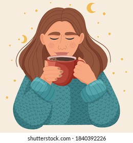 Cute young girl wearing a cozy sweater with cup of hot drink. Vector illustration.