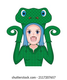 cute young girl or woman or lady or teen costume or cosplay or dress in and action as fighting green snake one of twelve Chinese zodiac year drawing in cartoon vector