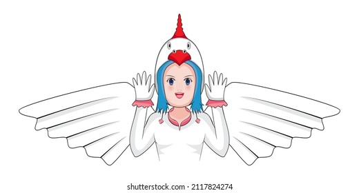 cute young girl or woman or lady or teen costume or cosplay or dress in and action as flying white chicken one of twelve Chinese zodiac year drawing in cartoon vector