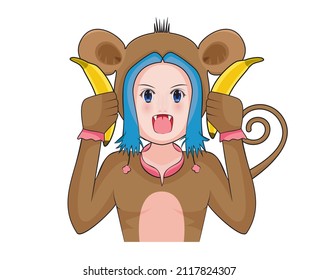 cute young girl or woman or lady or teen costume or cosplay or dress in and action as fighting monkey one of twelve Chinese zodiac year  holding two bananas drawing in cartoon vector
