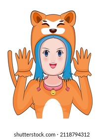 cute young girl or woman or lady or teen costume or cosplay or dress in and action as akita or shiba inu Japan dog one of twelve Chinese zodiac year drawing in cartoon vector