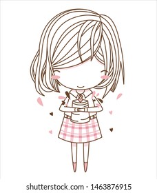 Cute young girl or women holding heart flower pot in pink Scottish skirt with smiling emotions.Vector illustration in simple flat style isolated on white background. Character design.