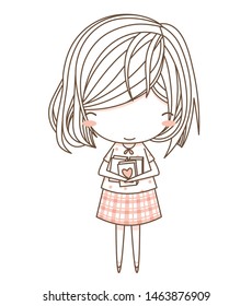 Cute young girl or women hugging books in orange Scottish pattern skirt with smile emotions. Book lover. Vector illustration in simple flat style isolated on white background. Character design.