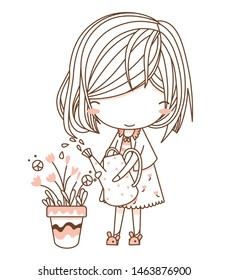 Cute young girl or women wearing mouse slipper,holding watering can, watering flower plant in pot with smiling emotions.Vector illustration in simple flat style isolated on white background.Character.