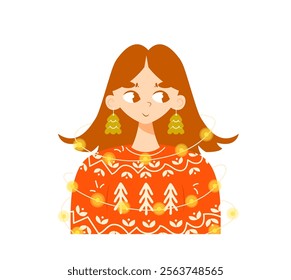 Cute young girl wrapped in garland and wearing ugly Christmas sweater and Christmas tree earrings. Vector character in flat cartoon style isolated on white background