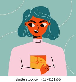 Cute young girl with xmas gift box Festive holiday event design.
Merry Christmas and New Year greeting card illustration