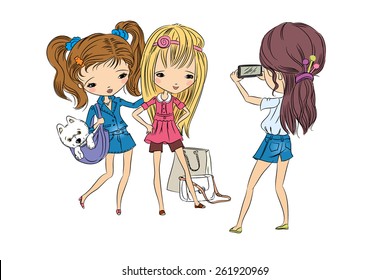 Cute young girlfriends taking photos