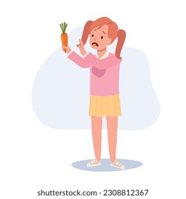 cute young girl,kid do not want to eat vegetable, carrot. children hate vegetables. Flat vector cartoon illustration
