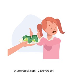 cute young girl,kid do not want to eat vegetable, broccoli. children hate vegetables. Flat vector cartoon illustration