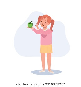 cute young girl,kid do not want to eat vegetable, Green bell pepper. children hate vegetables. Flat vector cartoon illustration