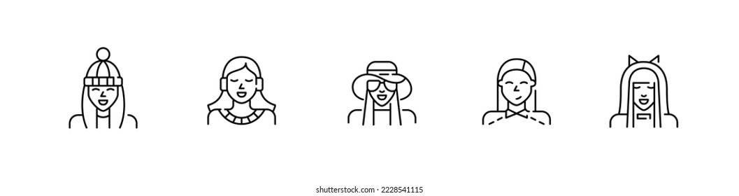 Cute young girls with different hair styles and clothes profile pictures. Pixel perfect, editable stroke line icons