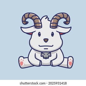 Cute young goat sitting pose with big horn. Animal Isolated Cartoon Flat Style Icon illustration Premium Vector Logo Sticker Mascot