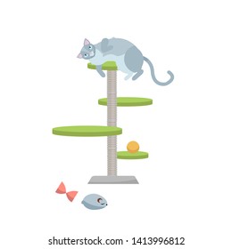 Cute young gray cat lying on scratching post. Flat cartoon style vector character illustration on whita background.