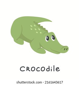Cute young green crocodile on a white background. Child Vector illustration with animal in flat cartoon style. 