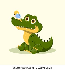 Cute young green crocodile. Wild amphibian predator friends with small bird. Design for children clothing and printing on paper. Cartoon modern flat vector illustration isolated on light background