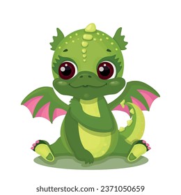 Cute young green dragon dinosaur is sitting.