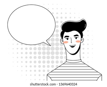 Cute young guy affably smiling. Comic cloud for dialogue. Retro illustration. Linear drawing in the style of pop art.