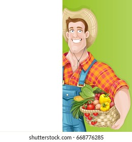 Cute young guy farmer with a big basket of vegetables and white vertical banner