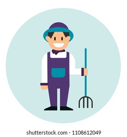 Cute young guy farmer with forks. Vector flat design illustration