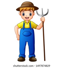 Cute young guy farmer holding pitchfork isolated on white background