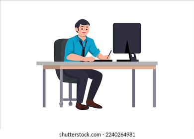 Cute Young Guy Sitting at Desk and Working on Computer. Flat Style Vector