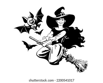 Cute young Halloween witch flying on the broom stick surrounded by bats in cartoon style. Black and white hand drawn vector illustration isolated on white background.