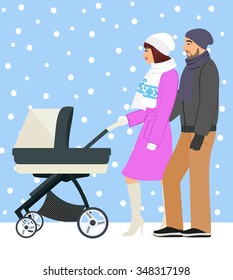 Cute Young Happy Couple Pushing Stroller Together