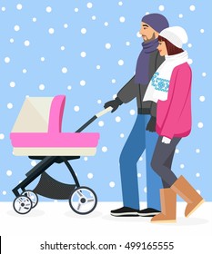 Cute Young Happy Couple Pushing Stroller Together