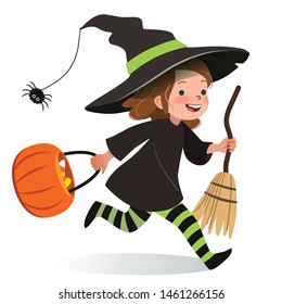 Cute young happy girl, running in Halloween witch costume with hat, black dress, stripy stockings, carrying broom and orange trick or treat basket. Halloween fun for children, fall holiday theme.