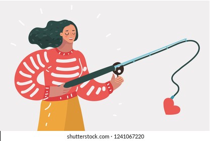 Cute young happy woman girl with a fishing rod try to catch love. Serching for a couple or recognition, self-acceptance. Concept on white isolated bacgkround.