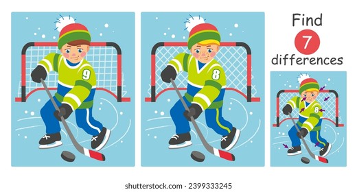 Cute young hockey player with stick plays hockey. Find differences, education game for children. Flat vector illustration with boy playing hockey at ice rink.