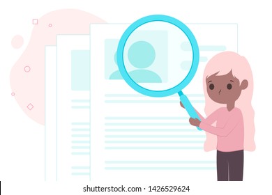 A cute young human resource girl holding magnifier searching on candidate profile, cartoon character in colourful pastel flat style. Use for graphic element resources, book, content and print.