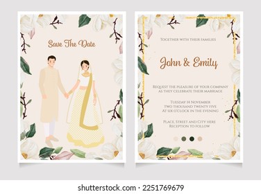 cute young indian wedding couple on watercolor white magnolia flower bouquet wedding invitation card template collection digital painting