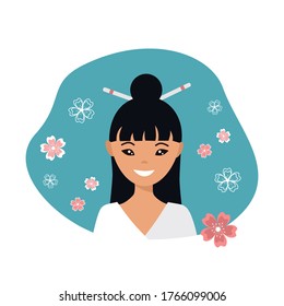 Cute young japanese woman  in flat style. Vector illustration