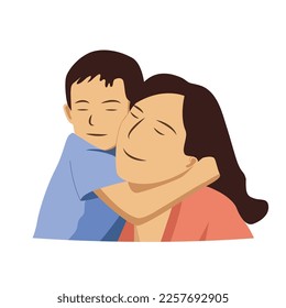 Cute young kid hugging and cuddling his adorable mother colorful vector flat drawing