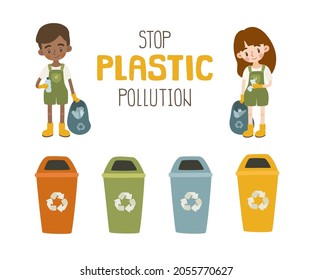 Cute young kids collect plastic garbage and sorting with recycling container. Poster about care of environment for children, schools, preschooler.