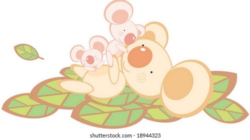 Personaje de oso de Koala, dulce y joven, con dos hermosos bebés rosas de fondo blanco: ilustración vectorial
