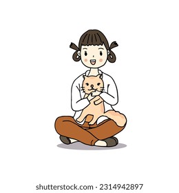 cute young lady with cat, hand drawn style vector illustration
