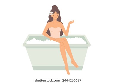 Una joven linda que disfruta de un relajante baño de burbujas en una bañera de hidromasaje, transmite una sensación de bienestar, salud y relajación, ilustraciones relacionadas con el cuidado personal, la belleza y el autocuidado