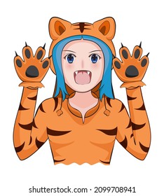 cute young lady or teen costume or cosplay or dress in and action as fighting tiger one of twelve Chinese zodiac year drawing in cartoon vector