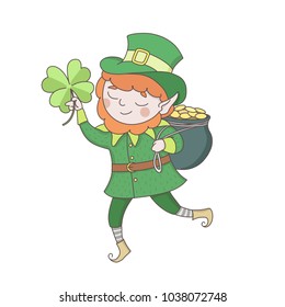 Cute young leprechaun in green clothes with a pot of golden coins and clower leaf. Saint Patrick s day celebration. Ireland national folklore character