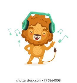 Cute young lion cartoon character standing with paw up and listening to music through headphones. Vector flat illustration isolated on white.