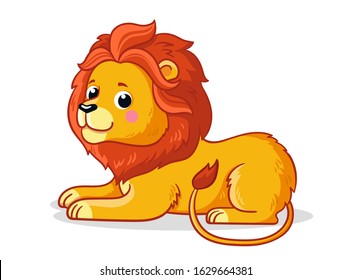 Cute young lion is sitting on a white background. Vector illustration with an african animal in cartoon style.