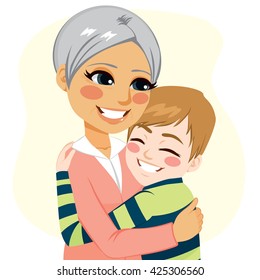 Cute young little boy hugging her dear grandmother
