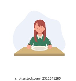 cute young little girl feel hungry and wait for food. Flat vector cartoon illustration