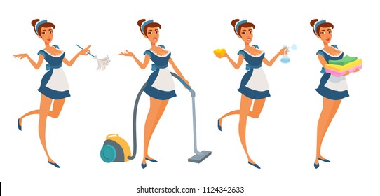 Cute young maid girl in uniform holding tools for cleaning, smiling, pointing hand. Housemaid with feather duster, vacuum cleaner, sponge, pulverizer, clean linen, towels. Vector illustration isolated