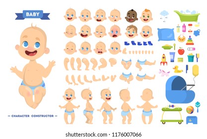 Cute Young Male Baby Boy Character Set For Animation With Various Views, Hairstyles, Emotions, Poses And Gestures. Toys For Kids Set. Isolated Vector Illustration In Cartoon Style