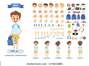 Cute Young Male Boy Character Set For Animation With Various Views, Hairstyles, Emotions, Poses And Gestures. School Equipment Set. Isolated Vector Illustration